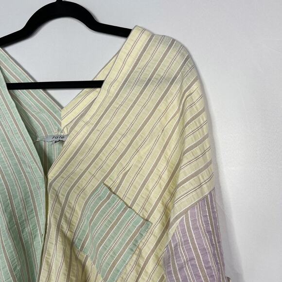 Fate Small S Yellow Green Pink Striped Button Down Shirt Patchwork V Neck V Back - Picture 3 of 10